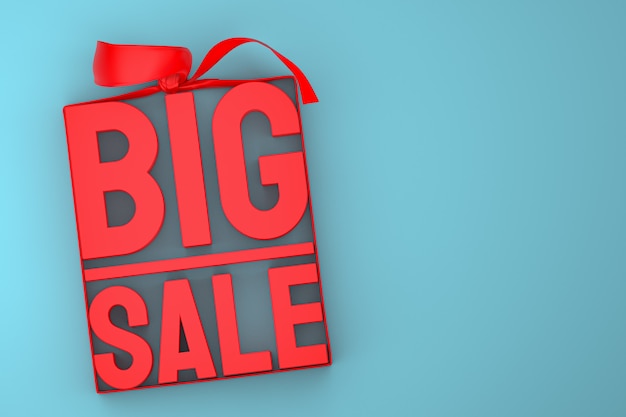 Red big sale 3d design rendering for sale promotion with bow and ribbon on blue isolated background