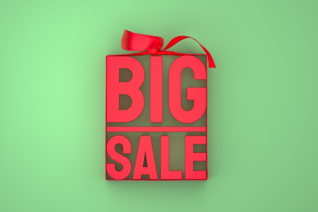 Red big sale 3d design rendering for sale promotion with bow and ribbon on Green isolated background