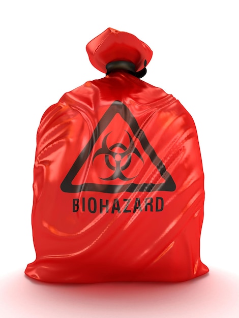 Red biohazard bag isolated on white