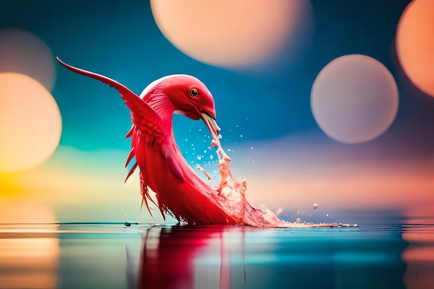 A red bird is drinking water from a pool.