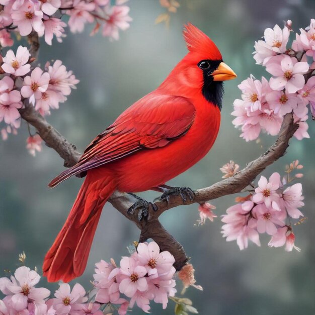 a red bird with a black beak sits on a branch with pink flowers