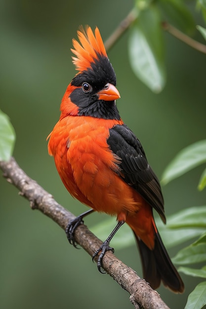 A red bird with a black face and orange feathers on its head sits on a branch