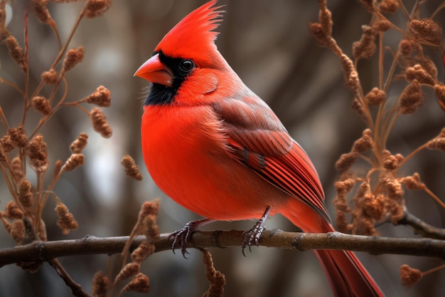 A red bird with a black face and red feathers is sitting on a branch.