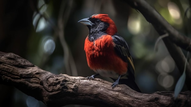 A red bird with a black head and red feathers sits on a branch.