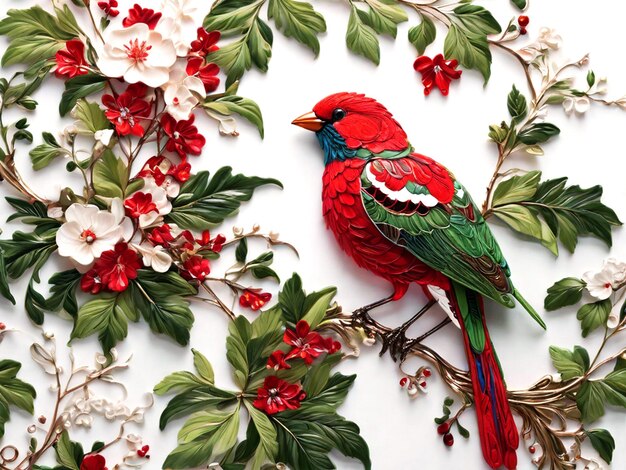 Photo a red bird with green leaves and red flowers