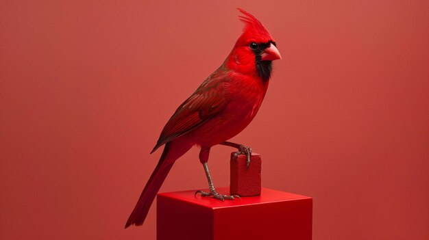 Photo a red bird with a red beak stands on a red box