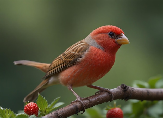 a red bird with a yellow beak is sitting on a branch with strawberries