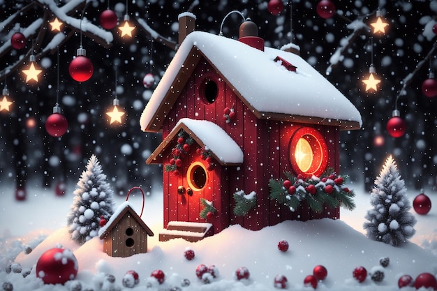 A red birdhouse with a christmas tree in the background.