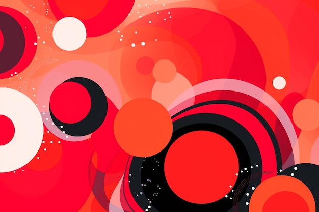 A red and black abstract painting with circles and dots.