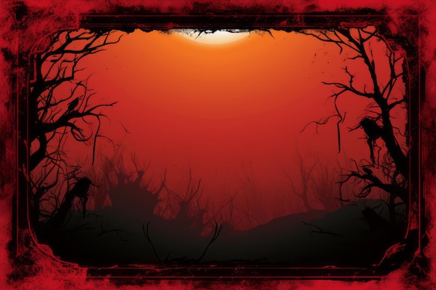 A red and black background with trees and a full moon