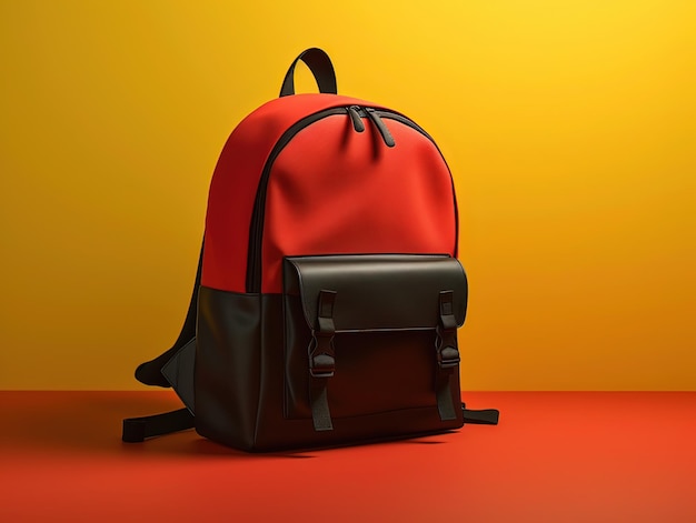 A red and black backpack with a black strap and the word bag on it