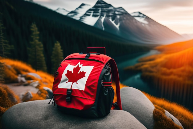 A red black backpack with a Canadian flag maple leaf on it sits on a rock in front of a mountain