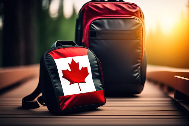 A red black backpack with a Canadian flag maple leaf on it sits on a rock in front of a mountain