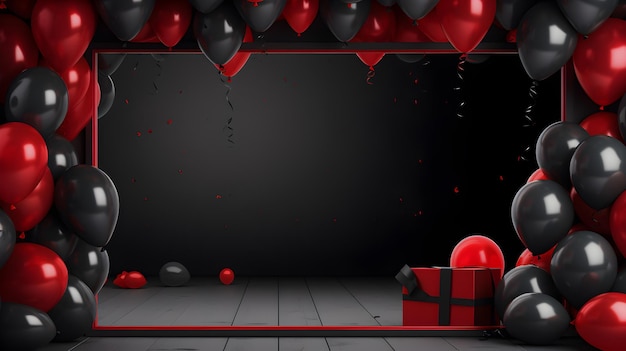 Red and Black Ballon with Gift Boxes on dark Grey Background with Copy Space