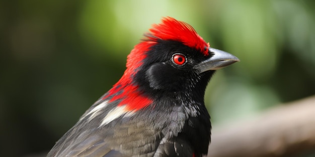 A red and black bird with a black head and red feathers.