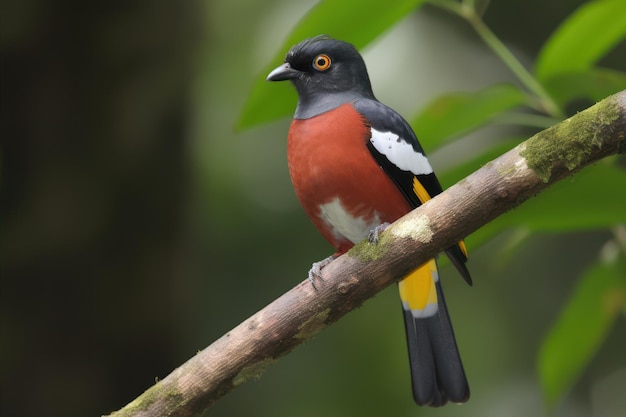 A red and black bird with a yellow tail sits on a branch.