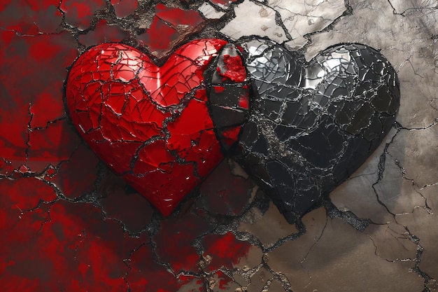 Red and black broken heart on cracked metal background