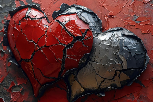 Red and black broken heart on an old cracked wall Valentines day background