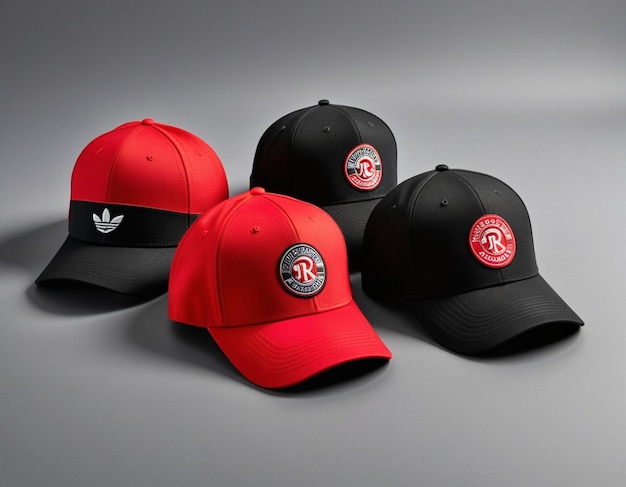 a red and black cap with a logo on it