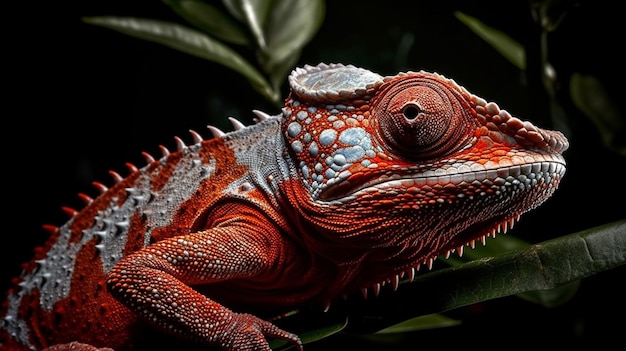 A red and black chameleon is sitting on a branch.