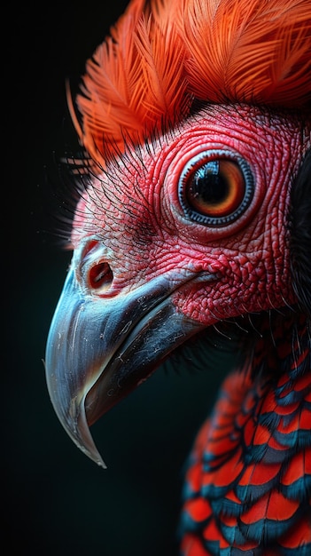 a red and black chicken with a red face and a large eye