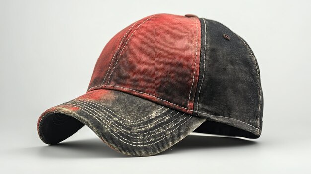 Red and Black Distressed Baseball Cap with Curved Brim