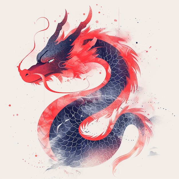 a red and black dragon with a red and blue background