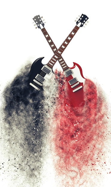 Photo red and black electric guitars disintegrating