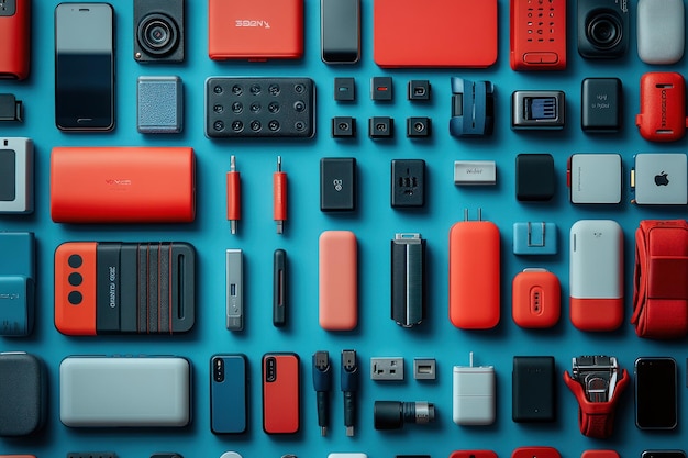 Red and Black Gadgets on Blue Background