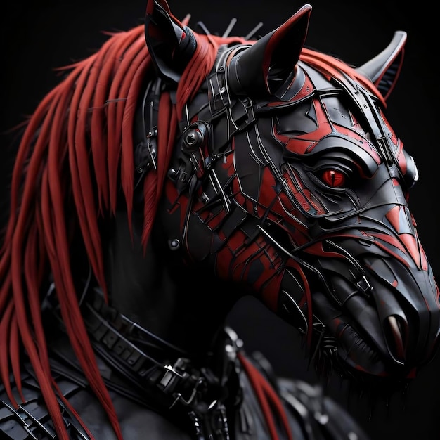 A red and black horse with a black mane and red eyes.