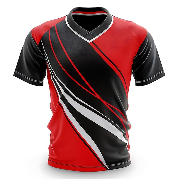 a red and black jersey with white stripes on the front