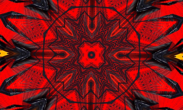 Red and black kaleidoscope star and cross with purple glowing edges