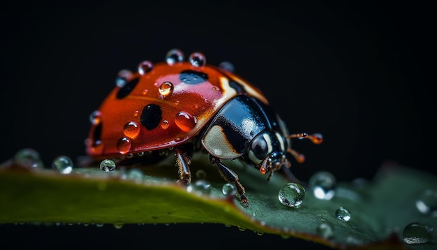 A red and black ladybug sits on a leaf with the word ladybug on it.