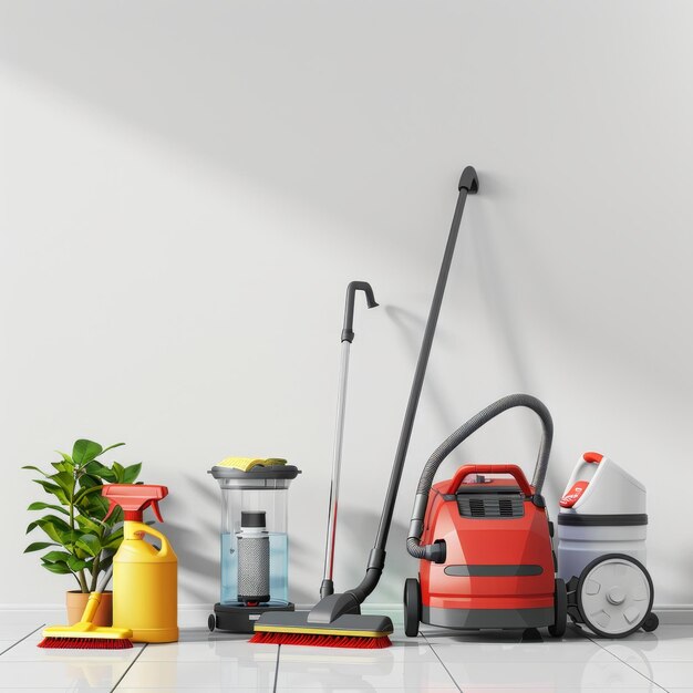 a red and black mop is sitting on a floor next to a plant and a pot with a plant