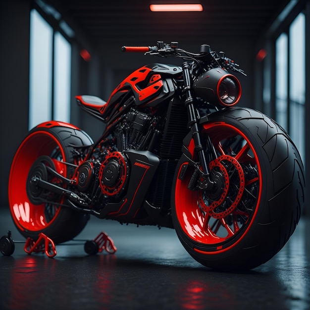 A red and black motorcycle is in a dark room with lights on.