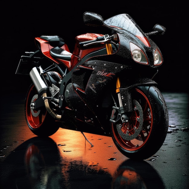 A red and black motorcycle is in the dark