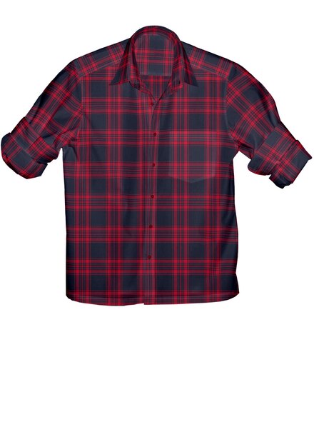 A red and black plaid shirt with a black stripe on the front.