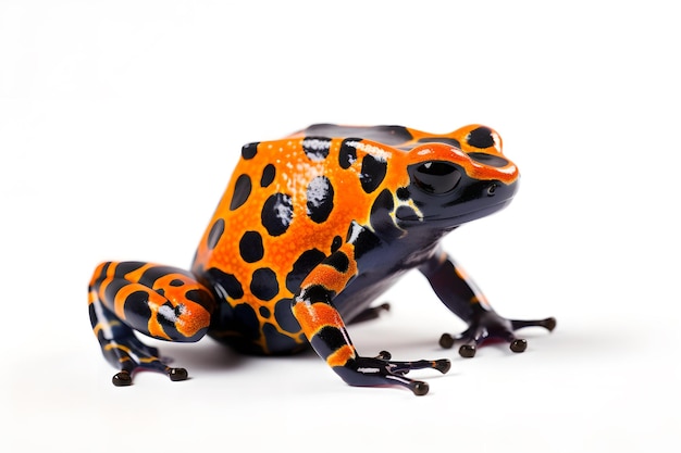 A red and black poison dart frog with a white background.