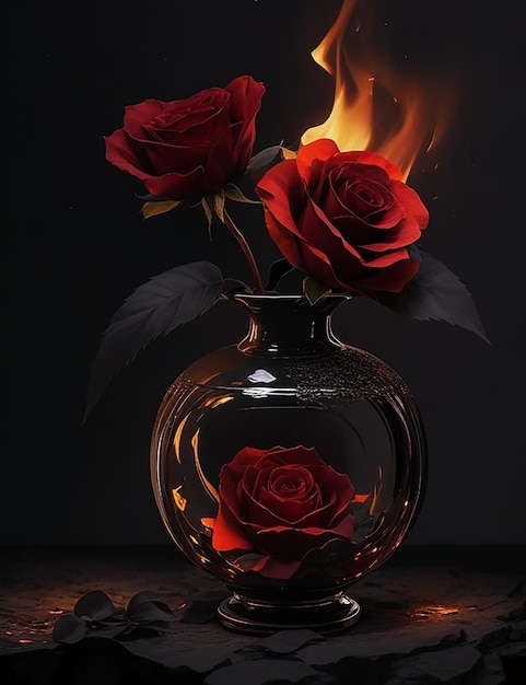 Red amp Black rose flower on fire in a vase dark moonlit night scene in the background AI generated