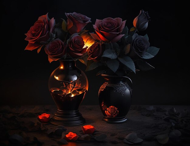 Red amp Black rose flower on fire in a vase dark moonlit night scene in the background AI generated