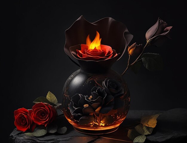 Red amp Black rose flower on fire in a vase dark moonlit night scene in the background AI generated