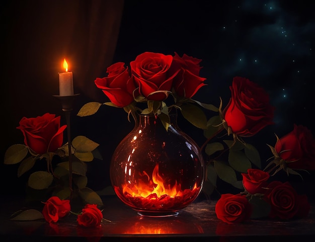 Red amp Black rose flower on fire in a vase dark moonlit night scene in the background AI generated