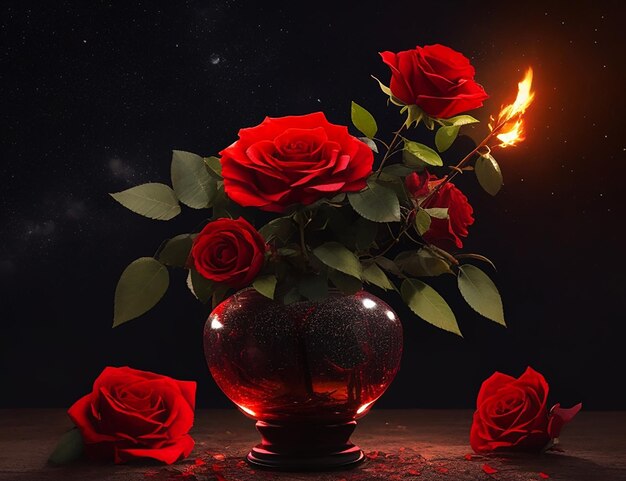 Red amp Black rose flower on fire in a vase dark moonlit night scene in the background AI generated