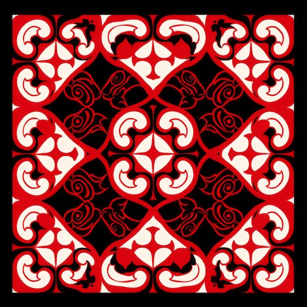 Red And Black Square Damask With Art Nouveau And Maori Influences