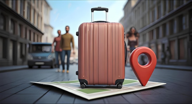 a red and black suitcase with a red handle and a red arrow pointing to the right