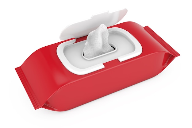 Red Blank Packaging Paper Wet Wipes Pouch on a white background. 3d Rendering