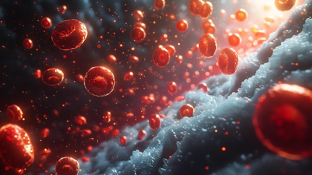 Red blood cells floating in a cloudy abstract background