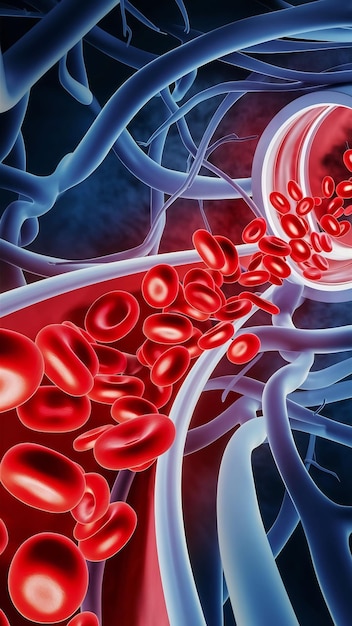 Red blood cells inside an artery vein flow of blood inside a living organism