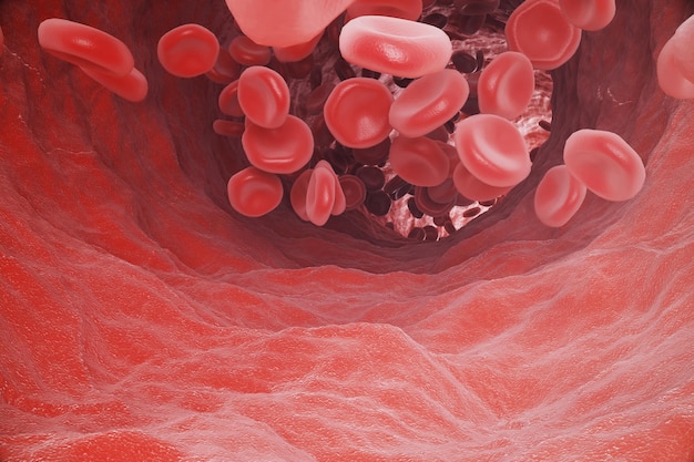 Red blood cells: responsible for oxygen carrying over, regulation pH blood, a food and protection of cages of an organism. 3d rendering