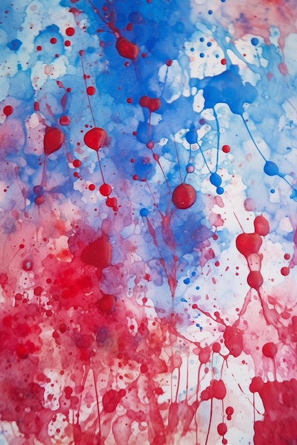 A red and blue abstract painting with red and blue paint splatters.